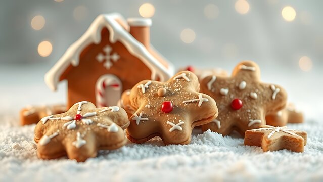 Close up of gingerbread man cookies and a gingerbread house on a snowy surface with bokeh lights - Powered by Adobe