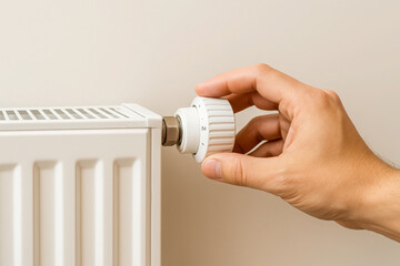 Horizontal photo of a person&rsquo;s hand adjusting the temperature control knob on a modern white radiator. The clean, neutral background and simple design communicate heating regulation, energy efficiency
