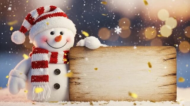 Festive Snowman Holding a Wooden Sign in a Winter Wonderland Scene for Holiday Greetings