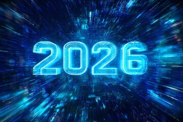 Glowing neon 2026 floating in a futuristic blue digital space with light streaks, concept for new year greeting, technology advancements and financial projections