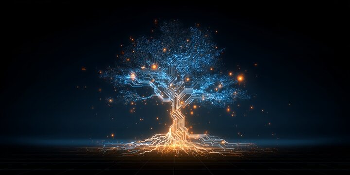 Digital tree formed by circuit board patterns glows in a dark space with sparks, concept for data analytics, artificial intelligence and technological growth