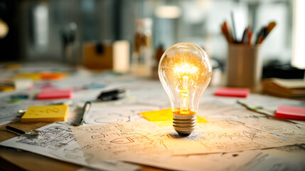 Creative workspace with illuminated light bulb and sketches on a cluttered desk