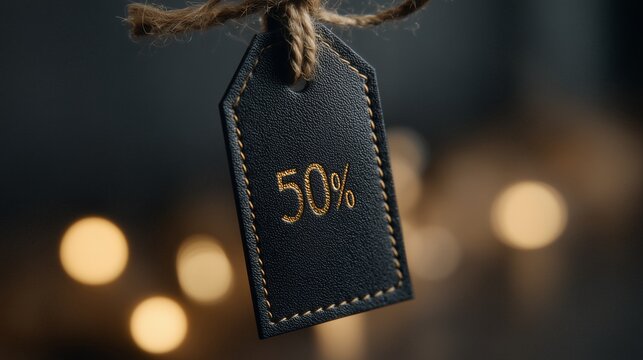 Elegant black leather tag with 50% off in gold lettering suspended by twine against blurred lights, concept for seasonal sale advertising, limited time offers and promotional campaigns