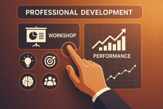 Hand pressing workshop button on professional development interface showing performance metrics. Concept of training, growth, and skill enhancement in the workplace.