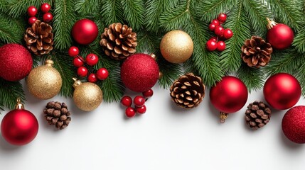 Festive Christmas Decorations with Ornaments and Pine Cones