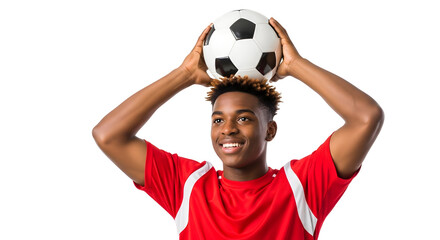 Smiling african american teenager holding soccer ball on head isolated on transparent background happy player