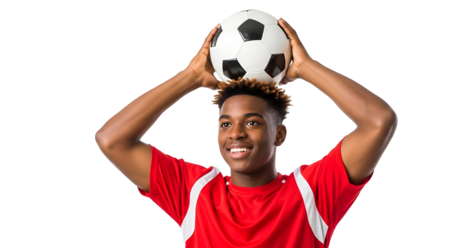 Smiling african american teenager holding soccer ball on head isolated on transparent background happy player