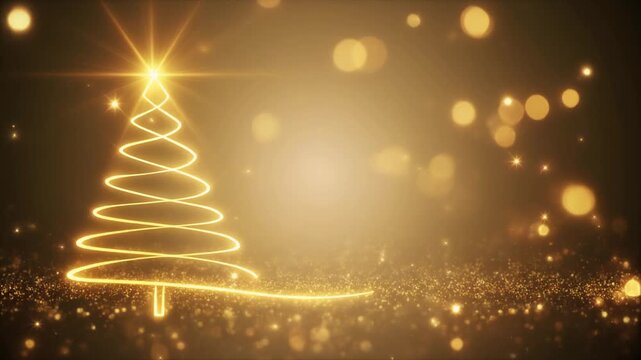 Minimal glowing golden line Christmas tree animation with elegant copyspace on warm white background