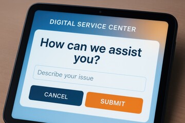 Digital service center interface on tablet, prompting users for assistance through an interactive form. Concept of user support, technology, and digital communication.