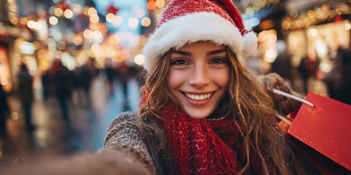 Smiling woman with Santa hat holding red shopping bags in festive city lights, concept for holiday promotion, Christmas marketing and seasonal advertising - Powered by Adobe