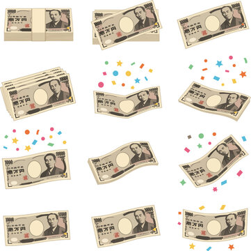 Create a kinds of deferent Simple vector icon illustration of 10,000 yen bills and confetti vector art with white background.
