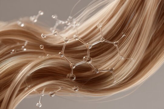 Close-up of blonde hair with molecular structure, concept for hair care products, cosmetic advertising and scientific research