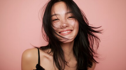 Smiling young woman with windswept black hair against a pink backdrop, concept for beauty campaigns, hair product promotions and skincare advertisements