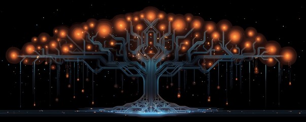 Abstract digital tree with glowing lights and circuit board branches on black background, concept for technology innovation, data visualization and network communication