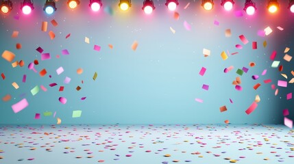 Festive Celebration Background with Colorful Confetti and Stage Lighting Design for Party