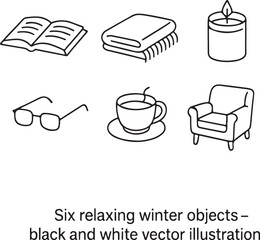 relaxing winter objects black and white vector illustration. ps