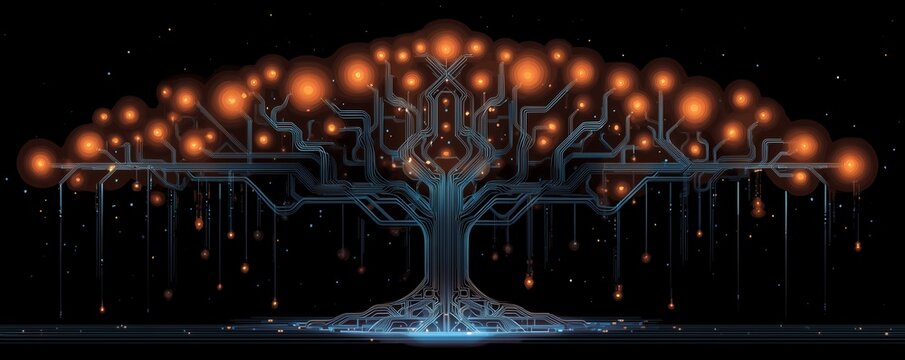 Abstract digital tree with glowing lights and circuit board branches on black background, concept for technology innovation, data visualization and network communication
