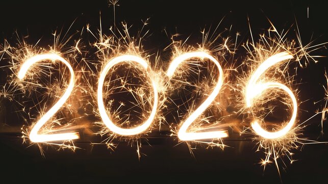 The numbers '2026' are displayed against a deep black background, accompanied by bright fireworks and pyrotechnic effects to celebrate the New Year, festivals, and festive occasions.