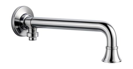 Wall-mounted spout with extended reach, perfect for filling large pots in kitchens.