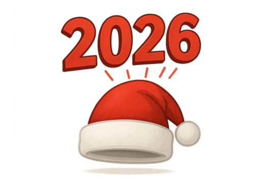 Number 2026 with Santa hat. New Year celebration. Winter holidays.