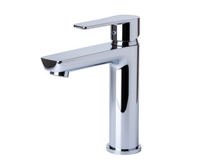 Modern chrome faucet with sleek design and reflective surface isolated on black background with studio lighting