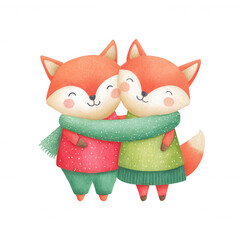 Fototapeta premium Cute fox couple hugging, wearing winter sweaters and sharing a cozy scarf, symbolizing love and background transparent on friendship