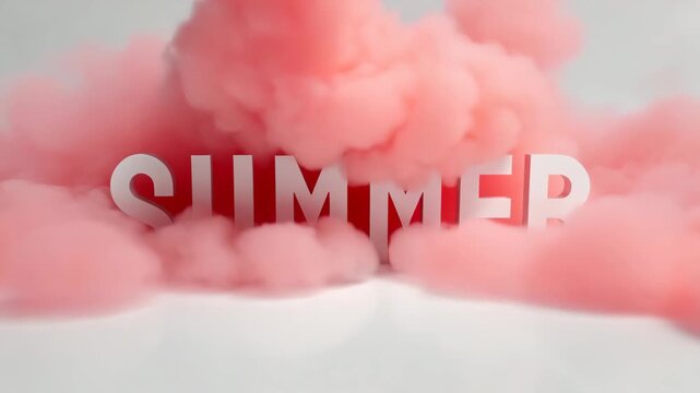3 D white letters spelling S U M E R emerge from soft pink smoke clouds on a clean white background with subtle reflections creating a vibrant seasonal