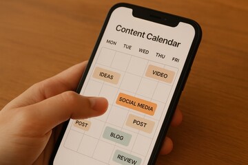 User interacting with a digital content calendar on a smartphone, planning social media updates and video posts. Concept of organization, digital marketing, and content strategy.