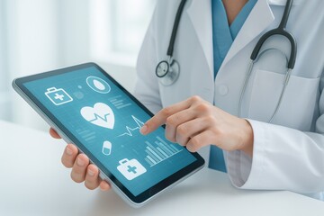 Doctor using tablet to analyze patient data and health metrics. Concept of digital health technology, telemedicine, and modern healthcare practices.