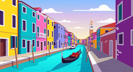 Colorful buildings line a canal in a vibrant city with a gondola passing, a beautiful landscape scene © PDWN Creative