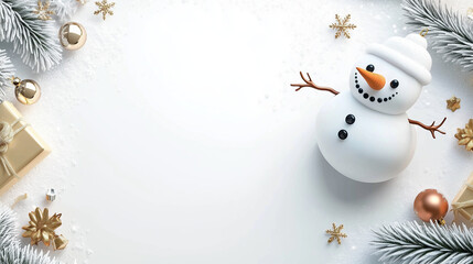 A beautiful Christmas decoration frame made of tree branches, red berries, red and gold ornaments, snow, a snowman, and little stars on a white background with space for text. Top view.