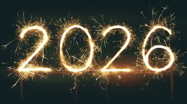 The numbers '2026' are displayed against a deep black background, accompanied by bright fireworks and pyrotechnic effects to celebrate the New Year, festivals, and festive occasions.