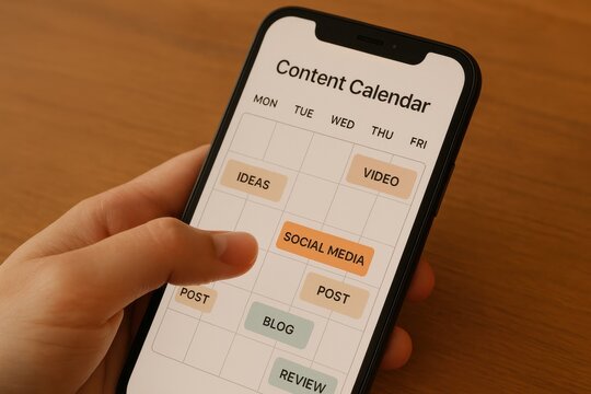 User interacting with a digital content calendar on a smartphone, planning social media updates and video posts. Concept of organization, digital marketing, and content strategy.