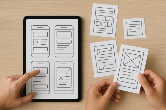 Designer creating user interface wireframes on tablet and paper, illustrating the mobile app development process. Concept of UI/UX design, prototyping, and digital innovation. - Powered by Adobe