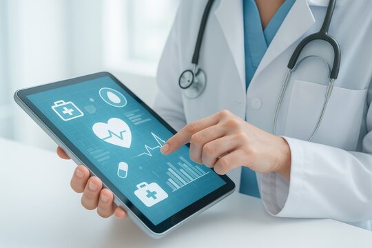 Doctor using tablet to analyze patient data and health metrics. Concept of digital health technology, telemedicine, and modern healthcare practices.