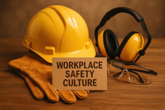 Safety gear including a helmet, gloves, and earmuffs with a sign emphasizing workplace safety culture. Concept of occupational health and safety best practices.