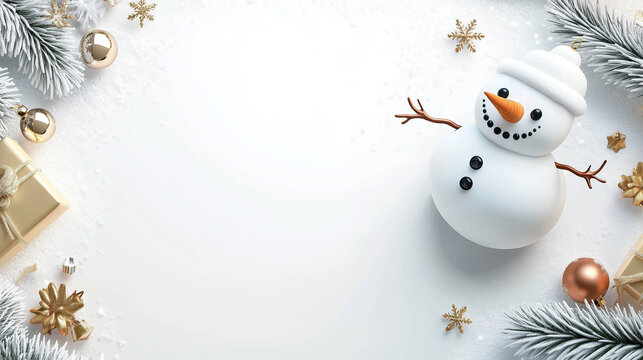 A beautiful Christmas decoration frame made of tree branches, red berries, red and gold ornaments, snow, a snowman, and little stars on a white background with space for text. Top view. - Powered by Adobe