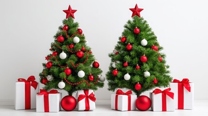 Festive Christmas Trees with Red Decorations and Gifts Underneath
