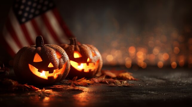 Two carved Halloween pumpkins with water droplets with USA flag on dark background, concept for holiday celebration, spooky event and festive decoration