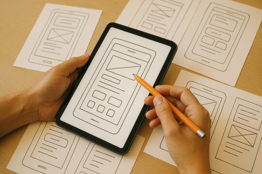 Designer using a tablet and sketching UI wireframes on paper, showcasing the creative process of app development. Concept of digital design, user experience, and innovation.
