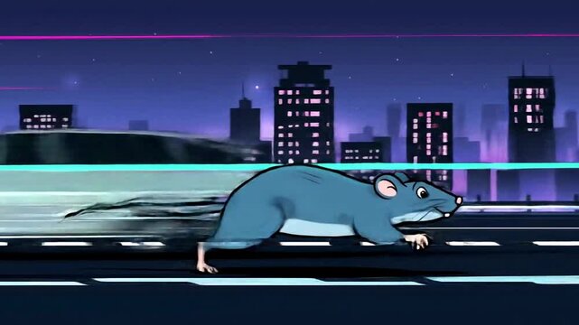 Animated Cartoon Rat Running Fast Through a Futuristic Neon City at Night.