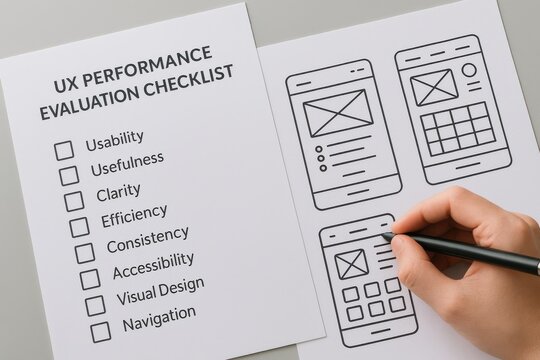 Hand writing on UX performance evaluation checklist with wireframe mockups for mobile apps. Concept of user experience design, usability testing, and digital product development.