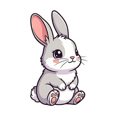 Obraz premium Cute cartoon grey bunny rabbit with big eyes and pink ears sitting and looking forward isolated on transparent background