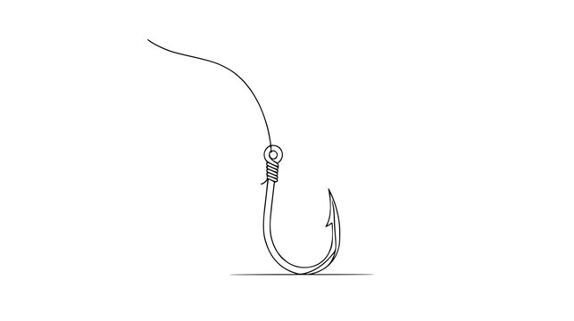 One continuous line drawing of a minimalist fish hook with a line attached, simple abstract fishing tool art