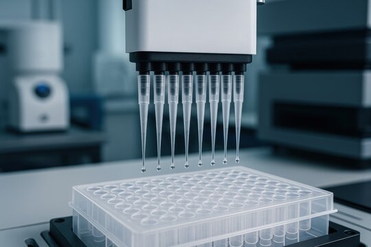 Automated pipetting system in a modern laboratory, demonstrating precise liquid handling for high-throughput experiments. Concept of biotechnology, automation, and scientific research.