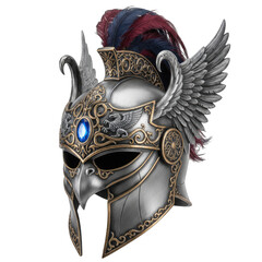 Ornate Silver Helmet with Eagle Motif Blue Gemstone and Feathered Crest Ideal for Fantasy or Historical Depictions