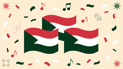 Adobe IllustratorCelebration illustration with three waving Sudan flags surrounded by confetti, music notes, and festive decorations on beige background
 Artwork