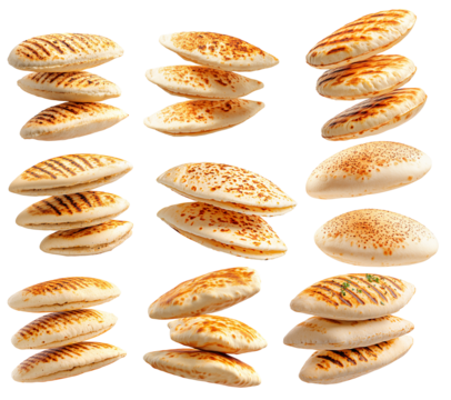 Set of freshly baked pita bread, isolated on white transparent background, concept of baked food