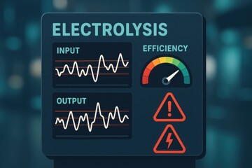 Fototapeta premium Electrolysis control panel displaying input and output waveforms with efficiency gauge, highlighting energy management and safety in electrochemical processes.
