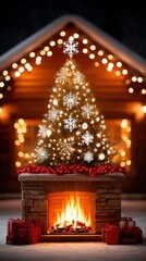 Fototapeta premium Cozy Christmas Scene with Tree, Fire and Snowflakes in Winter Night
